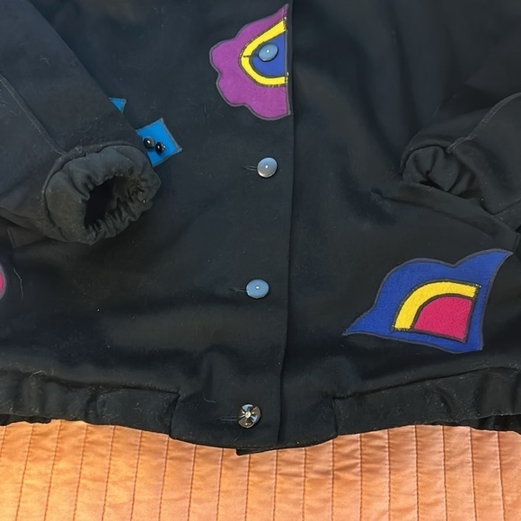 Marylou Ozbolt Storer 80’s Washed Wool Abstract Appliqué colorful jacket sz Med - Picture 13 of 15
